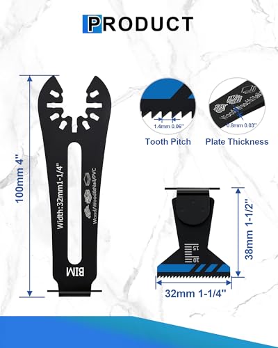 1-1/4" Universal Bi-Metal 90°Multitool Blades，BRSCHNITT Reach Oscillating Saw Blades + 3 Connectors,Power Oscillating Tool Blades for Narrow or Corner Cutting (6-Pcs) - size: 1-1/4" (32mm)