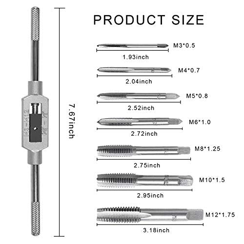 JONMON 8Pcs Metric Thread Machine Tap Set, M3-M12 Hand Screw Thread Plug Taps with Adjustable Thread Reamer Wrench Milling Machine Tapping Tool Kit for Woodworking and Machinery Repair