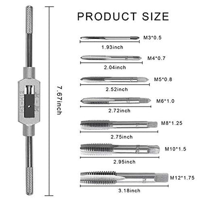 JONMON 8Pcs Metric Thread Machine Tap Set, M3-M12 Hand Screw Thread Plug Taps with Adjustable Thread Reamer Wrench Milling Machine Tapping Tool Kit for Woodworking and Machinery Repair