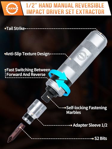 AKM Hand Manual Reversible Impact Driver Set Extractor-26 PCS Impact Screwdriver S2 Steel Hex Phillips Slotted Screwdriver Bits Much More Durable Disengage Rusted Fasteners or Frozen Bolts - color: 26 Pcs