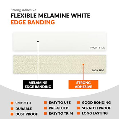 White Edge Banding 3/4 inch x 25 ft Melamine Iron On Adhesive Edging Cabinet Repair Laminate Shelf Board Countertop Furniture Strip Wood Veneer Tape Trim Peel Stick Cabinet Molding Vinyl PVC Iron - color: White, size: 3/4 in x 25 ft