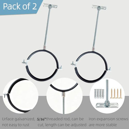 2 Sets Premium 6 Inch Adjustable Pipe Metal Bracket，Heavy Duty Galvanized Iron Stove Pipe Hanger Strap，Wall Support Chimney Round Split Ring Dryer Vent Hose Duct PVC Holder，with All Mounting Screws