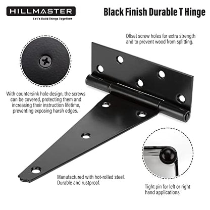 HILLMASTER 8 Inch T-Strap Heavy Duty Shed Door Hinges Gate Strap Hinges Black Tee Hinge Wrought Hardware for Wooden Fences,Yard,Barn Door,Rustproof (6 Pack) - size: 8in 6Pack