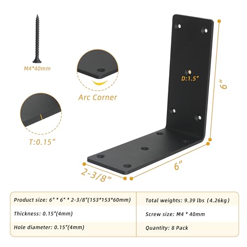 8-Pack 6" x 6" x 2⅜" L Right Angle Bracket, Heavy Duty Corner Bracket - size: 6" x 6" x 2-3/8"