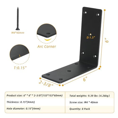 8-Pack 6" x 6" x 2⅜" L Right Angle Bracket, Heavy Duty Corner Bracket - size: 6" x 6" x 2-3/8"