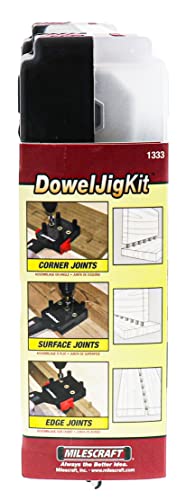 Milescraft 1333 DowelJig Kit - Self-Centering Handheld Dowel Jig with 3 Metal Bushing Sizes (1/4in, 5/16in, 3/8in) - Complete with all Accessories
