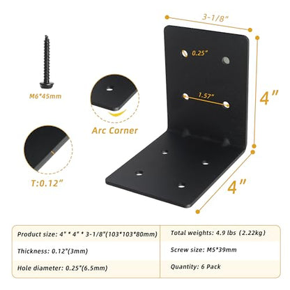 6-Pack 4"x4"x3-1/8 Heavy Duty Steel Corner Bracket, L Right Angle Bracket - size: 4" x 4" x 3-1/8“