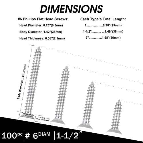 White Head 100 PCS #6X1-1/2(1.5 inch) Stainless Steel Phillips Flat Head Wood Screws,Stainless Steel 18-8 A2(304) Screw,Home Screw Kit by QISHENG - color: White, size: #6X1-1/2"(1.5 inch)