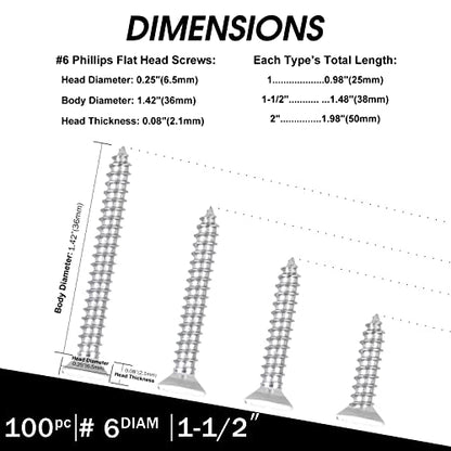 White Head 100 PCS #6X1-1/2(1.5 inch) Stainless Steel Phillips Flat Head Wood Screws,Stainless Steel 18-8 A2(304) Screw,Home Screw Kit by QISHENG - color: White, size: #6X1-1/2"(1.5 inch)