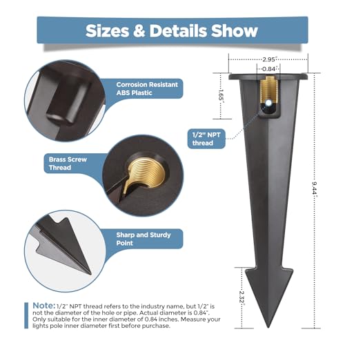 Gardencoin ABS Ground Spikes Stakes Replacement with Brass Insert, 1/2" NPT Thread Side Wire Way, Larger Size 9.44'' x 2.95'' for Landscape Path Lighting, Spotlight, Floodlight (2 Pack) - size: 2 Pack