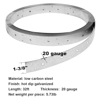 GBGS 32ft Metal Strapping,1-3/8" Width Perforated Steel Coil Tie Strap - size: Width:1-3/8"(35 mm)