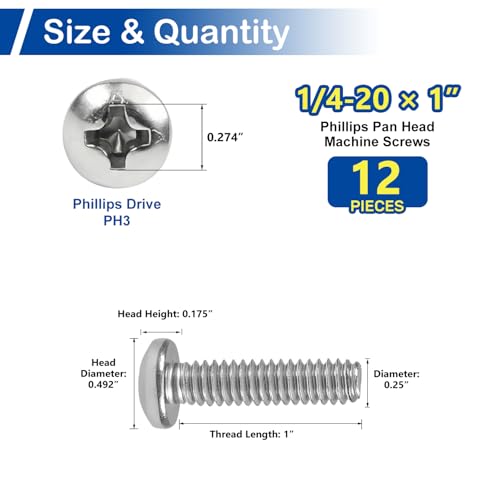 12 Sets 1/4-20 x 1 Pan Head Machine Screws Nuts Washers Assortment Kit - size: 1/4-20 x 1"