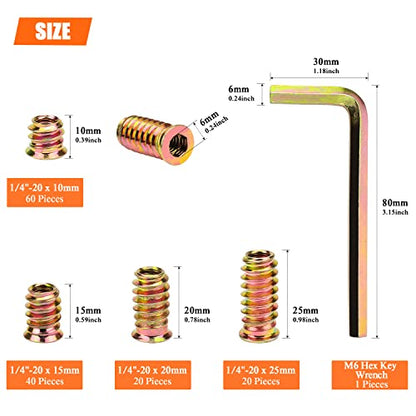 1/4-20 Threaded Inserts, Wood Inserts, Steel Threaded Inserts for Wood Furniture Screw, HELIFOUNER 140 Pieces 1/4"-20 x 10mm/15mm/20mm/25mm Threaded Inserts Kit with Hex Wrench - size: 1/4"-20 Assortment Kit