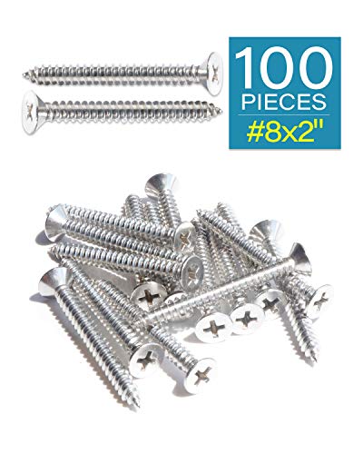 IMScrews 100pcs #8 x 2 (50mm) Stainless Flat Head Phillips Wood Screws 18-8 (304) Stainless Steel Countersunk Self Tapping Screws - size: #8 x 2"