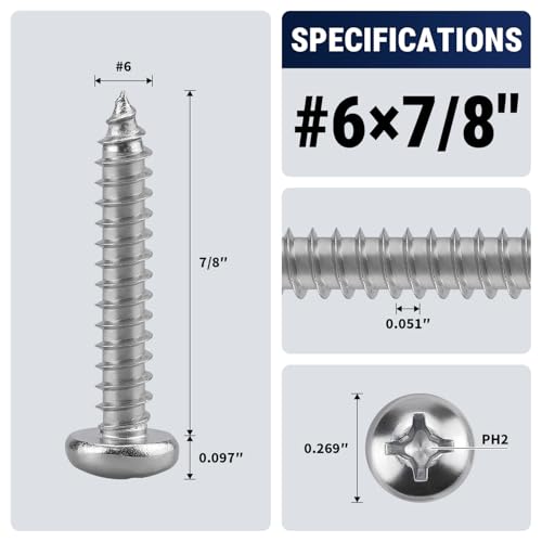 #6 x 7/8" (100 Pack) Stainless Steel Phillips Pan Head Wood Screws, Stainless Steel 304 (18-8), Pan Head Sheet Metal Screws Self Tapping for Wood - size: #6 x 7/8"