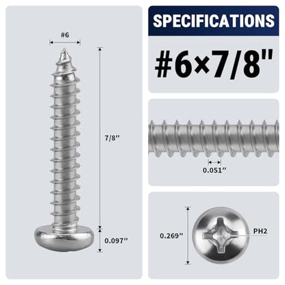 #6 x 7/8" (100 Pack) Stainless Steel Phillips Pan Head Wood Screws, Stainless Steel 304 (18-8), Pan Head Sheet Metal Screws Self Tapping for Wood - size: #6 x 7/8"