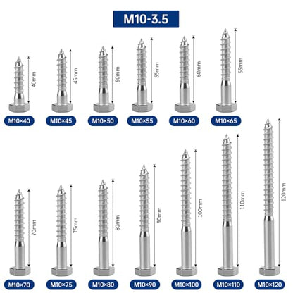 10-Sets M10 x 60mm Hex Head Lag Screws Bolts with Flat Washers, 304 Stainless Steel (18/8), Partial Thread, Heavy Duty Hex Head Lag Deck/Wood Screws - size: M10 x 60mm