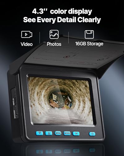 VEVOR Sewer Camera, 164 ft/50m, 4.3" Drain Inspection Camera, IP68 Waterproof Snake Plumbing Tool with Lights - 6 Adjustable LEDs, 4500mAh Battery & 16GB Card for Sewer Line Duct Pipes - size: 164ft/50m, style: 4.3'' Screen
