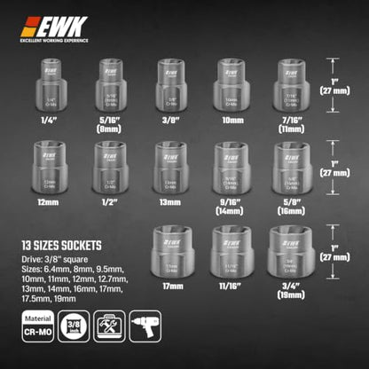 EWK 13-Piece Nut and Bolt Extractor Set, 3/8" Drive - style: 13-Piece Bolt Extractor Set