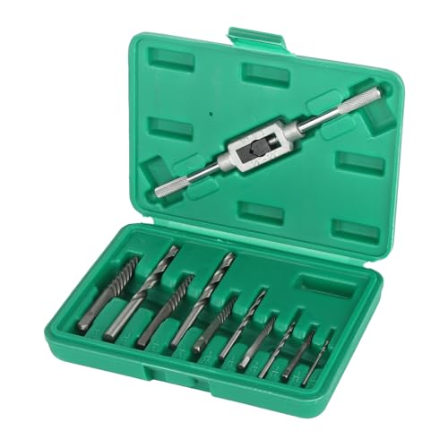 11pcs Broken Screw Extractor Set, Drill Bits and Left Handed Spiral Flute Tools for Removing Damaged Rusted Stripped Screws Bolts Fasteners, with Tap Handle for Easy Use