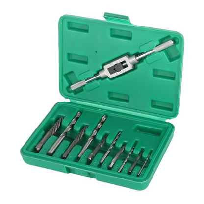 11pcs Broken Screw Extractor Set, Drill Bits and Left Handed Spiral Flute Tools for Removing Damaged Rusted Stripped Screws Bolts Fasteners, with Tap Handle for Easy Use