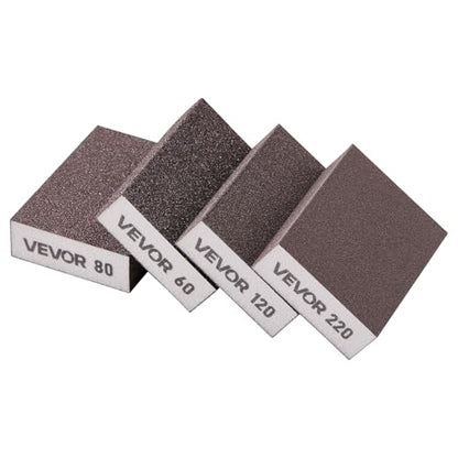 VEVOR Sanding Sponge, 4 Pcs, 60/80/120/220 Grit Assortment, Washable and Reusable Sanding Blocks for Dry & Wet Use, Coarse to Fine Sandpaper Blocks, for Polishing Drywall Wood Plastic Metal Furniture