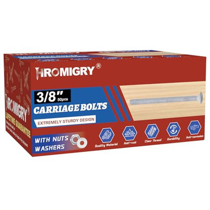 3/8" x 1-1/2" Carriage Bolts (50 PCS), Hot Dip Galvanized, Heavy Duty Round Head with Washers and Nuts - size: 3/8" x 1-1/2"