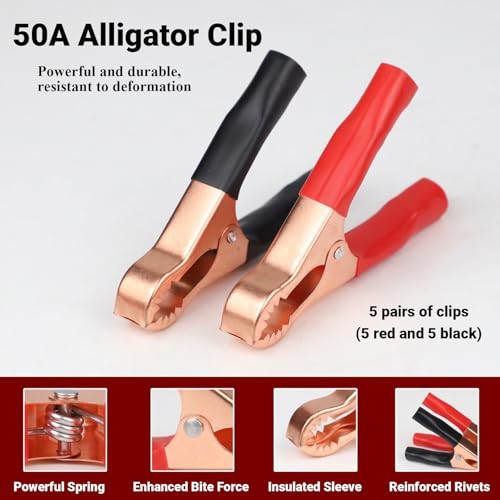 5Pair Alligator Clips Electrical, 50A 3.1inch Heavy Duty Insulated Pure Copper Charging Battery Clips Alligator Clamps, Spring Loaded Truck Car Electrical Battery Test Jumper Lead Probe