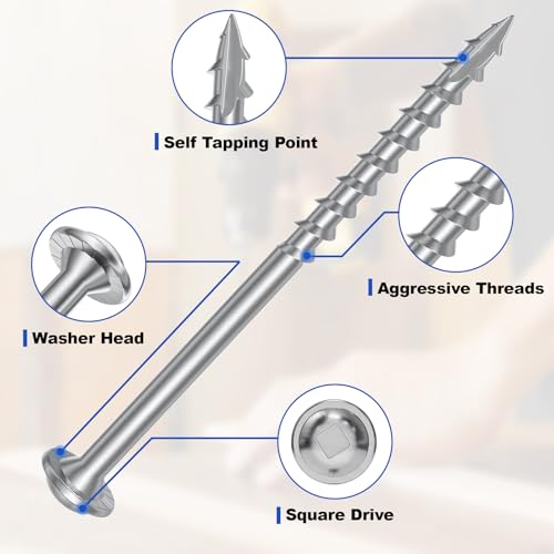 #8 Pocket Hole Screws 1-1/4 Inch, 320Pcs Coarse Thread Wood Screws, Square Drive, Washer Head, 4-Layer Coating, Drive Bit Included (Silver) - color: Silver, size: #8 x 1-1/4"