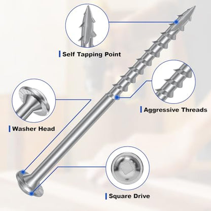 #8 Pocket Hole Screws 1-1/4 Inch, 320Pcs Coarse Thread Wood Screws, Square Drive, Washer Head, 4-Layer Coating, Drive Bit Included (Silver) - color: Silver, size: #8 x 1-1/4"