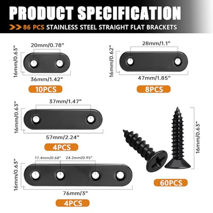 mankk 86PCS Stainless Steel Straight Flat Metal Bracket,Mending Plates - color: Black-36/46/56/76mm