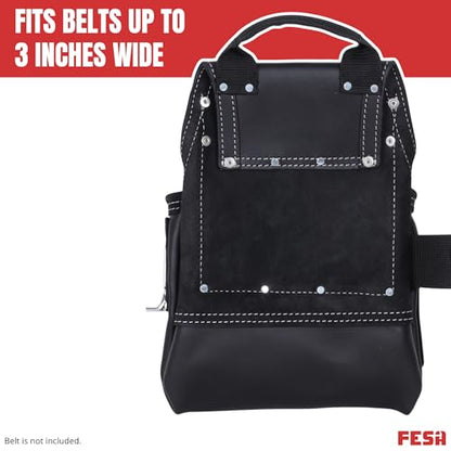 FESA Leather Carpenter Tool Pouch - 10-Pocket Heavy Top Grain Leather Carpenter Pouch with 2 Hammer Loops, Large & Small Pockets - Fits Work Belts up to 3" - Handcrafted - Country-Themed - color: Black - Guatemala