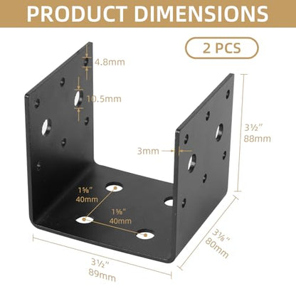 2x Black Half Base & Joist Hanger Brackets for 4"x4" Wood Posts with Screws, 3mm Steel