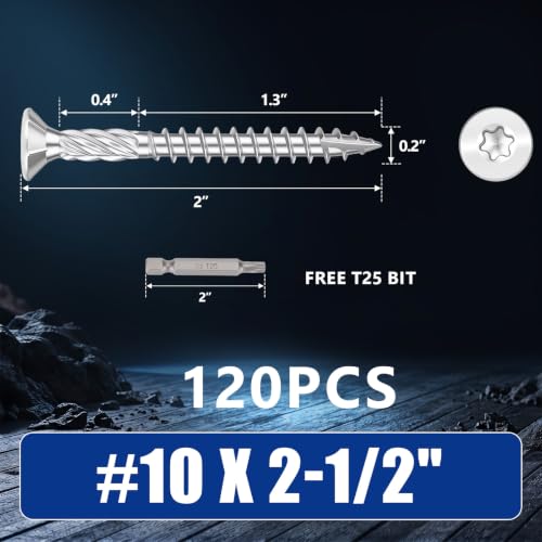 #10x2-1/2 inch Stainless Steel Deck Screws 120 PCS Wood Screws with T25 Bit - size: #10*2-1/2"-120pcs