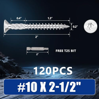 #10x2-1/2 inch Stainless Steel Deck Screws 120 PCS Wood Screws with T25 Bit - size: #10*2-1/2"-120pcs