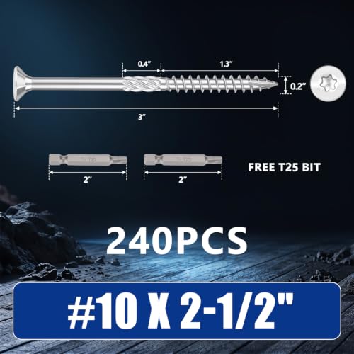 #10x2-1/2 inch Stainless Steel Deck Screws 240 PCS Wood Screws with T25 Bit - size: #10*2-1/2"-240pcs
