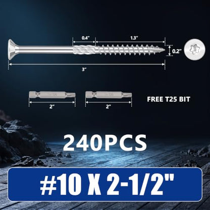 #10x2-1/2 inch Stainless Steel Deck Screws 240 PCS Wood Screws with T25 Bit - size: #10*2-1/2"-240pcs