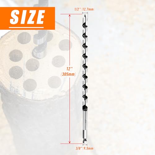 1/2 Inch x 12 Inch Auger Drill Bit for Wood,1/2 Inch Hex Shank - size: 1/2" x 12"