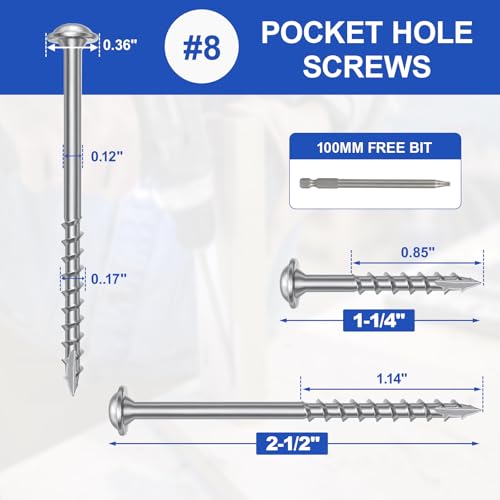 #8 Pocket Hole Screws 1-1/4 Inch, 320Pcs Coarse Thread Wood Screws, Square Drive, Washer Head, 4-Layer Coating, Drive Bit Included (Silver) - color: Silver, size: #8 x 1-1/4"