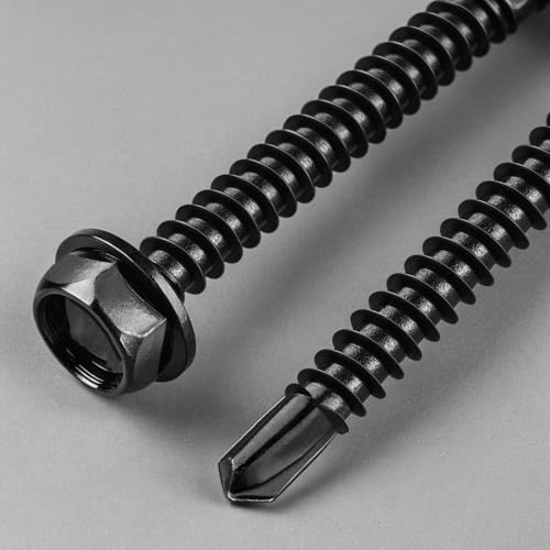 #6 x 1/2 Inch Self Drilling Screws, (145pcs) 0.5 lbs Black Self Tapping Screws for Metal, 410 Stainless Steel Hex Washer Head Sheet Metal Screw - color: Black 0.5lb Per Box, size: #6x1/2"