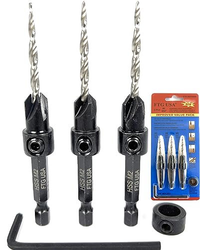 FTG USA 3 Pc #6 (9/64") Countersink Drill Bit Set with Tapered Drill Bits - size: #6, style: Same Sort 3 Pc