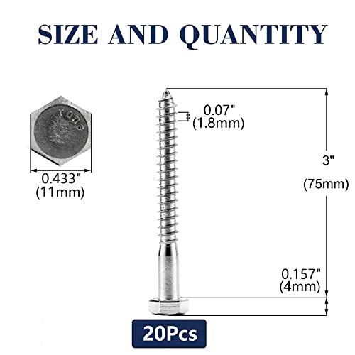 1/4" x 3" Hex Head Lag Screws Bolts 20Pcs 304 Stainless Steel 18-8, Partial Thread, Hexagon Head Wood Screws by SG TZH - size: 1/4-20 x 3"