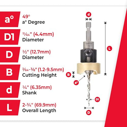 Amana Tool 82 Degree Countersink with Tapered Drill Bit and Adjustable Depth Stop, 55154, 1/2 D x 11/64 Drill D x 1/4 Inch Quick Release Hex Shank - size: 1/2 x 11/64 x 1/4