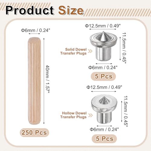 uxcell 250Pcs Wood Dowel Pins, 3/16" x 1 9/16" Wooden Dowel Rods Straight Grooved Pins with 10Pcs Solid Hollow Dowels Tenon Center Transfer Plugs for Furniture Woodworking DIY Project - size: 3/16" x 1 9/16"