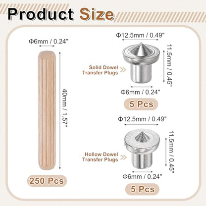 uxcell 250Pcs Wood Dowel Pins, 3/16" x 1 9/16" Wooden Dowel Rods Straight Grooved Pins with 10Pcs Solid Hollow Dowels Tenon Center Transfer Plugs for Furniture Woodworking DIY Project - size: 3/16" x 1 9/16"