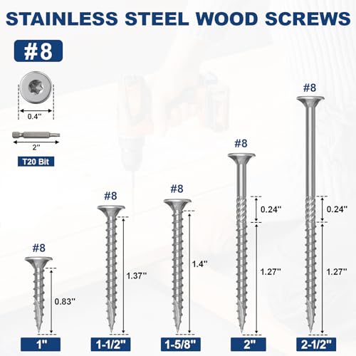 #8 x 2.5 Stainless Steel Deck Screws, 150Pcs 410 Grade Stainless Steel - size: #8 × 2-1/2"