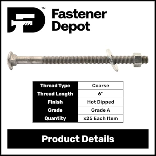 1/2" x 8" (25 Pack) Galvanized Carriage Bolt Kit Grade 307A Includes 1/2" USS Flat Washers (25 pcs) and 1/2"-13 Hex Nuts (25 pcs), Hot Dip Galvanized for Exterior Use by - Fastener Depot