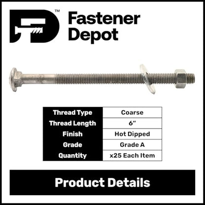 1/2" x 8" (25 Pack) Galvanized Carriage Bolt Kit Grade 307A Includes 1/2" USS Flat Washers (25 pcs) and 1/2"-13 Hex Nuts (25 pcs), Hot Dip Galvanized for Exterior Use by - Fastener Depot