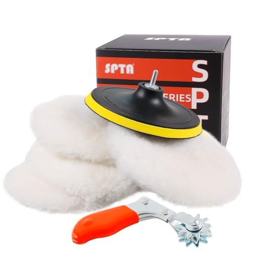 Wool Buffing Polishing Pad, SPTA 6Pcs 6 Inch (150mm) Lambwool Wool polishing Pads with Pad Clean Tool Kit with Hook & Loop 5/8"-11 Thread Drill Adapter for Car Polishing and Buffing -A1055S6M58 - size: 150mm
