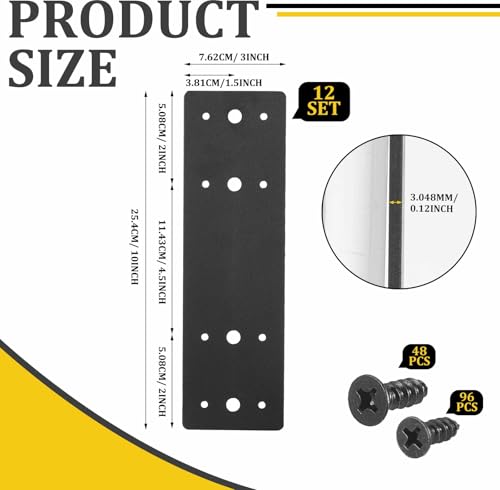 Tandefio 12 Pcs 10"x3" Straight Steel Flat Plates Black Metal Mending Plate with Hole Fixing Joining Bracket with 144 Pcs Screws for Wood Furniture, Repair House, Pavilion, Truss Framing